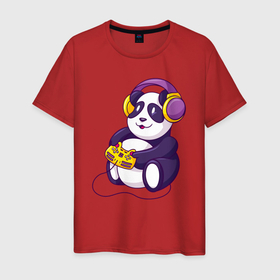 Мужская футболка хлопок с принтом Панда в наушниках с геймпадом в Курске, 100% хлопок | прямой крой, круглый вырез горловины, длина до линии бедер, слегка спущенное плечо. | 