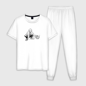 Мужская пижама хлопок с принтом Denji  Pochita в Кировске, 100% хлопок | брюки и футболка прямого кроя, без карманов, на брюках мягкая резинка на поясе и по низу штанин
 | 