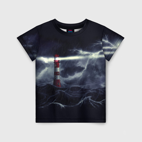 Детская футболка 3D с принтом Маяк и штормовое море в ночи в Петрозаводске, 100% гипоаллергенный полиэфир | прямой крой, круглый вырез горловины, длина до линии бедер, чуть спущенное плечо, ткань немного тянется | 