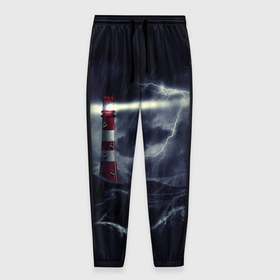 Мужские брюки 3D с принтом Маяк и штормовое море в ночи в Курске, 100% полиэстер | манжеты по низу, эластичный пояс регулируется шнурком, по бокам два кармана без застежек, внутренняя часть кармана из мелкой сетки | 