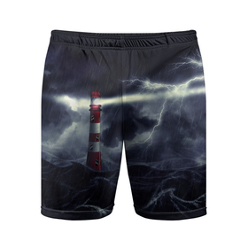 Мужские шорты спортивные с принтом Маяк и штормовое море в ночи в Петрозаводске,  |  | 