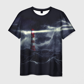 Мужская футболка 3D с принтом Маяк и штормовое море в ночи в Новосибирске, 100% полиэфир | прямой крой, круглый вырез горловины, длина до линии бедер | 
