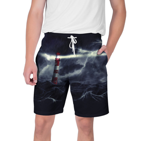 Мужские шорты 3D с принтом Маяк и штормовое море в ночи в Курске,  полиэстер 100% | прямой крой, два кармана без застежек по бокам. Мягкая трикотажная резинка на поясе, внутри которой широкие завязки. Длина чуть выше колен | 
