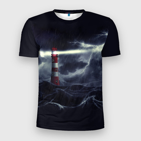 Мужская футболка 3D Slim с принтом Маяк и штормовое море в ночи в Петрозаводске, 100% полиэстер с улучшенными характеристиками | приталенный силуэт, круглая горловина, широкие плечи, сужается к линии бедра | 