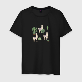 Мужская футболка хлопок с принтом Три ламы среди кактусов гуляют в Санкт-Петербурге, 100% хлопок | прямой крой, круглый вырез горловины, длина до линии бедер, слегка спущенное плечо. | 