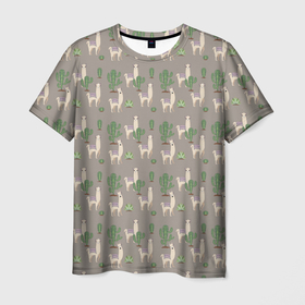 Мужская футболка 3D с принтом Три забавных ламы среди кактусов , 100% полиэфир | прямой крой, круглый вырез горловины, длина до линии бедер | 