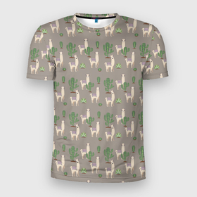 Мужская футболка 3D Slim с принтом Три забавных ламы среди кактусов , 100% полиэстер с улучшенными характеристиками | приталенный силуэт, круглая горловина, широкие плечи, сужается к линии бедра | 