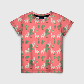 Детская футболка 3D с принтом Три забавных альпака среди кактусов в Курске, 100% гипоаллергенный полиэфир | прямой крой, круглый вырез горловины, длина до линии бедер, чуть спущенное плечо, ткань немного тянется | 