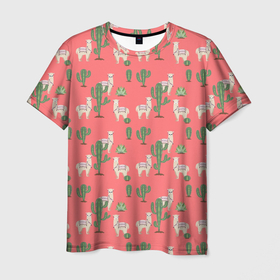Мужская футболка 3D с принтом Три забавных альпака среди кактусов в Кировске, 100% полиэфир | прямой крой, круглый вырез горловины, длина до линии бедер | Тематика изображения на принте: 
