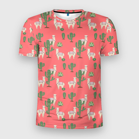 Мужская футболка 3D Slim с принтом Три забавных альпака среди кактусов в Кировске, 100% полиэстер с улучшенными характеристиками | приталенный силуэт, круглая горловина, широкие плечи, сужается к линии бедра | Тематика изображения на принте: 