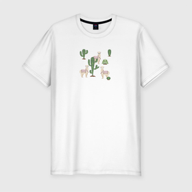Мужская футболка хлопок Slim с принтом Три альпака среди кактусов гуляют в Санкт-Петербурге, 92% хлопок, 8% лайкра | приталенный силуэт, круглый вырез ворота, длина до линии бедра, короткий рукав | 