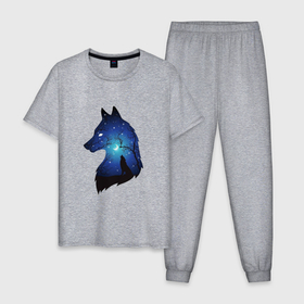 Мужская пижама хлопок с принтом Волк ночью воет на луну в Белгороде, 100% хлопок | брюки и футболка прямого кроя, без карманов, на брюках мягкая резинка на поясе и по низу штанин
 | 
