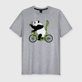 Мужская футболка хлопок Slim с принтом Панда на велосипеде с бамбуком в Курске, 92% хлопок, 8% лайкра | приталенный силуэт, круглый вырез ворота, длина до линии бедра, короткий рукав | Тематика изображения на принте: 