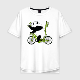 Мужская футболка хлопок Oversize с принтом Панда на велосипеде с бамбуком в Санкт-Петербурге, 100% хлопок | свободный крой, круглый ворот, “спинка” длиннее передней части | 