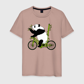 Мужская футболка хлопок с принтом Панда на велосипеде с бамбуком в Курске, 100% хлопок | прямой крой, круглый вырез горловины, длина до линии бедер, слегка спущенное плечо. | Тематика изображения на принте: 