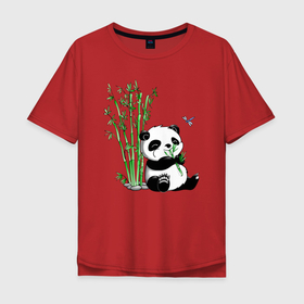 Мужская футболка хлопок Oversize с принтом Панда бамбук и стрекоза в Кировске, 100% хлопок | свободный крой, круглый ворот, “спинка” длиннее передней части | 