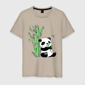 Мужская футболка хлопок с принтом Панда бамбук и стрекоза в Санкт-Петербурге, 100% хлопок | прямой крой, круглый вырез горловины, длина до линии бедер, слегка спущенное плечо. | 
