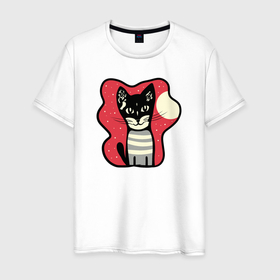 Мужская футболка хлопок с принтом Странный Котик и Луна в Белгороде, 100% хлопок | прямой крой, круглый вырез горловины, длина до линии бедер, слегка спущенное плечо. | Тематика изображения на принте: 