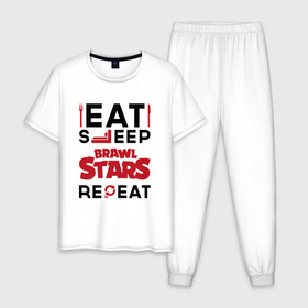 Мужская пижама хлопок с принтом Надпись: eat sleep Brawl Stars repeat в Новосибирске, 100% хлопок | брюки и футболка прямого кроя, без карманов, на брюках мягкая резинка на поясе и по низу штанин
 | 