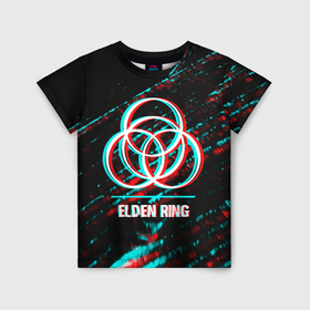 Детская футболка 3D с принтом Elden Ring в стиле glitch и баги графики на темном фоне в Санкт-Петербурге, 100% гипоаллергенный полиэфир | прямой крой, круглый вырез горловины, длина до линии бедер, чуть спущенное плечо, ткань немного тянется | 