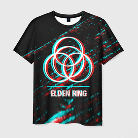 Мужская футболка 3D с принтом Elden Ring в стиле glitch и баги графики на темном фоне в Екатеринбурге, 100% полиэфир | прямой крой, круглый вырез горловины, длина до линии бедер | 