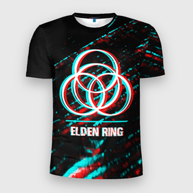 Мужская футболка 3D Slim с принтом Elden Ring в стиле glitch и баги графики на темном фоне в Екатеринбурге, 100% полиэстер с улучшенными характеристиками | приталенный силуэт, круглая горловина, широкие плечи, сужается к линии бедра | 