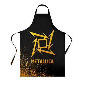 Фартук 3D с принтом Metallica   gold gradient в Белгороде, 100% полиэстер | общий размер — 65 х 85 см, ширина нагрудника — 26 см, горловина — 53 см, длина завязок — 54 см, общий обхват в поясе — 173 см. Принт на завязках и на горловине наносится с двух сторон, на основной части фартука — только с внешней стороны | 