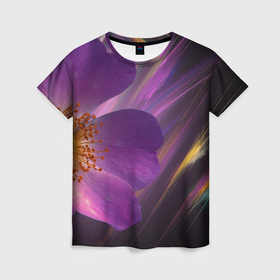 Женская футболка 3D с принтом Фиолетовый цветок светящийся в Екатеринбурге, 100% полиэфир ( синтетическое хлопкоподобное полотно) | прямой крой, круглый вырез горловины, длина до линии бедер | 
