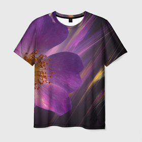 Мужская футболка 3D с принтом Фиолетовый цветок светящийся в Кировске, 100% полиэфир | прямой крой, круглый вырез горловины, длина до линии бедер | 