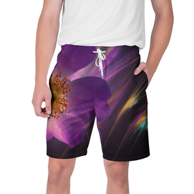 Мужские шорты 3D с принтом Фиолетовый цветок светящийся в Екатеринбурге,  полиэстер 100% | прямой крой, два кармана без застежек по бокам. Мягкая трикотажная резинка на поясе, внутри которой широкие завязки. Длина чуть выше колен | 
