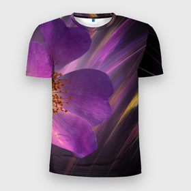 Мужская футболка 3D Slim с принтом Фиолетовый цветок светящийся в Екатеринбурге, 100% полиэстер с улучшенными характеристиками | приталенный силуэт, круглая горловина, широкие плечи, сужается к линии бедра | 