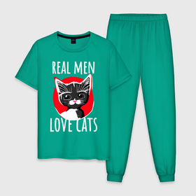 Мужская пижама хлопок с принтом Real Men Love Cats Темный фон , 100% хлопок | брюки и футболка прямого кроя, без карманов, на брюках мягкая резинка на поясе и по низу штанин
 | Тематика изображения на принте: 