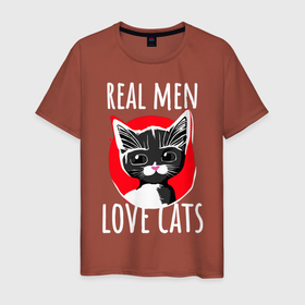 Мужская футболка хлопок с принтом Real Men Love Cats Темный фон в Санкт-Петербурге, 100% хлопок | прямой крой, круглый вырез горловины, длина до линии бедер, слегка спущенное плечо. | 