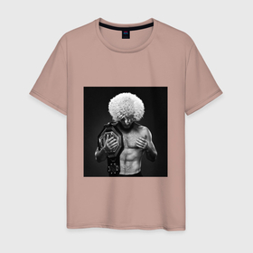 Мужская футболка хлопок с принтом Хабиб Нурмагомедов чемпион в Курске, 100% хлопок | прямой крой, круглый вырез горловины, длина до линии бедер, слегка спущенное плечо. | 