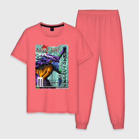 Мужская пижама хлопок с принтом EVA 01 Poster   Evangelion в Санкт-Петербурге, 100% хлопок | брюки и футболка прямого кроя, без карманов, на брюках мягкая резинка на поясе и по низу штанин
 | 