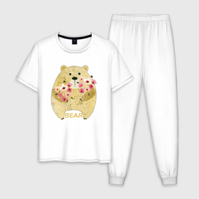 Мужская пижама хлопок с принтом Flowers by bear в Кировске, 100% хлопок | брюки и футболка прямого кроя, без карманов, на брюках мягкая резинка на поясе и по низу штанин
 | 