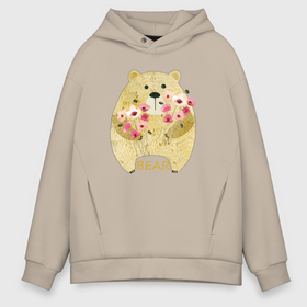 Мужское худи Oversize хлопок с принтом Flowers by bear в Новосибирске, френч-терри — 70% хлопок, 30% полиэстер. Мягкий теплый начес внутри —100% хлопок | боковые карманы, эластичные манжеты и нижняя кромка, капюшон на магнитной кнопке | Тематика изображения на принте: 