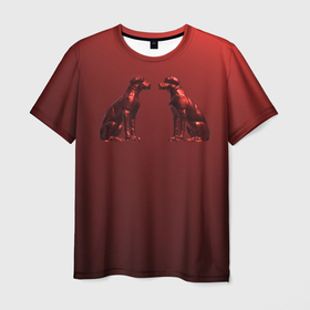 Мужская футболка 3D с принтом Две собаки на алом фоне заката в Курске, 100% полиэфир | прямой крой, круглый вырез горловины, длина до линии бедер | 