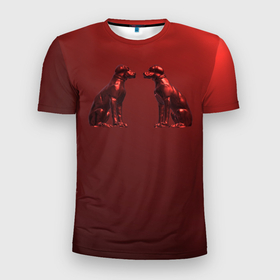 Мужская футболка 3D Slim с принтом Две собаки на алом фоне заката в Курске, 100% полиэстер с улучшенными характеристиками | приталенный силуэт, круглая горловина, широкие плечи, сужается к линии бедра | 