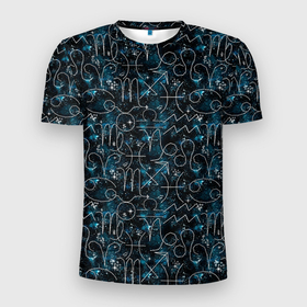 Мужская футболка 3D Slim с принтом Знаки зодиака и звезды на сине  черном фоне. в Белгороде, 100% полиэстер с улучшенными характеристиками | приталенный силуэт, круглая горловина, широкие плечи, сужается к линии бедра | Тематика изображения на принте: 
