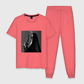 Мужская пижама хлопок с принтом Монашка с пистолетом , 100% хлопок | брюки и футболка прямого кроя, без карманов, на брюках мягкая резинка на поясе и по низу штанин
 | 