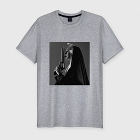 Мужская футболка хлопок Slim с принтом Монашка с пистолетом , 92% хлопок, 8% лайкра | приталенный силуэт, круглый вырез ворота, длина до линии бедра, короткий рукав | 