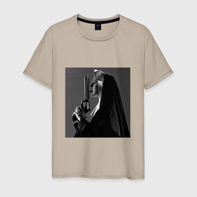 Мужская футболка хлопок с принтом Монашка с пистолетом в Белгороде, 100% хлопок | прямой крой, круглый вырез горловины, длина до линии бедер, слегка спущенное плечо. | 