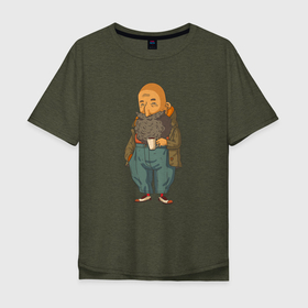 Мужская футболка хлопок Oversize с принтом Бородач с кружкой кофе в Санкт-Петербурге, 100% хлопок | свободный крой, круглый ворот, “спинка” длиннее передней части | 