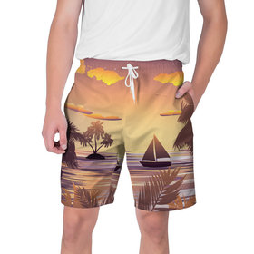 Мужские шорты 3D с принтом Лодка в море на закате возле тропических островов в Санкт-Петербурге,  полиэстер 100% | прямой крой, два кармана без застежек по бокам. Мягкая трикотажная резинка на поясе, внутри которой широкие завязки. Длина чуть выше колен | 