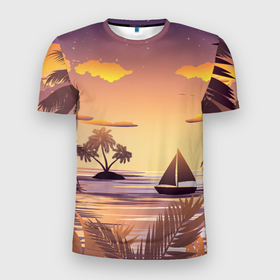 Мужская футболка 3D Slim с принтом Лодка в море на закате возле тропических островов в Екатеринбурге, 100% полиэстер с улучшенными характеристиками | приталенный силуэт, круглая горловина, широкие плечи, сужается к линии бедра | 