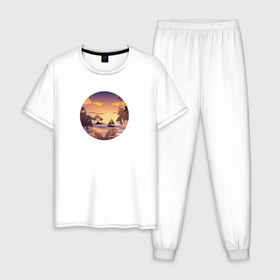 Мужская пижама хлопок с принтом Тропический остров и лодка в море на закате в Санкт-Петербурге, 100% хлопок | брюки и футболка прямого кроя, без карманов, на брюках мягкая резинка на поясе и по низу штанин
 | 
