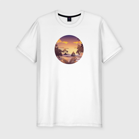 Мужская футболка хлопок Slim с принтом Тропический остров и лодка в море на закате в Санкт-Петербурге, 92% хлопок, 8% лайкра | приталенный силуэт, круглый вырез ворота, длина до линии бедра, короткий рукав | 