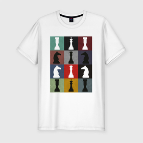 Мужская футболка хлопок Slim с принтом Шахматные фигуры на цветном фоне в Новосибирске, 92% хлопок, 8% лайкра | приталенный силуэт, круглый вырез ворота, длина до линии бедра, короткий рукав | 