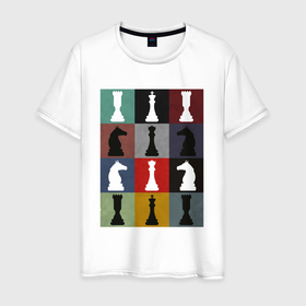 Мужская футболка хлопок с принтом Шахматные фигуры на цветном фоне в Курске, 100% хлопок | прямой крой, круглый вырез горловины, длина до линии бедер, слегка спущенное плечо. | Тематика изображения на принте: 